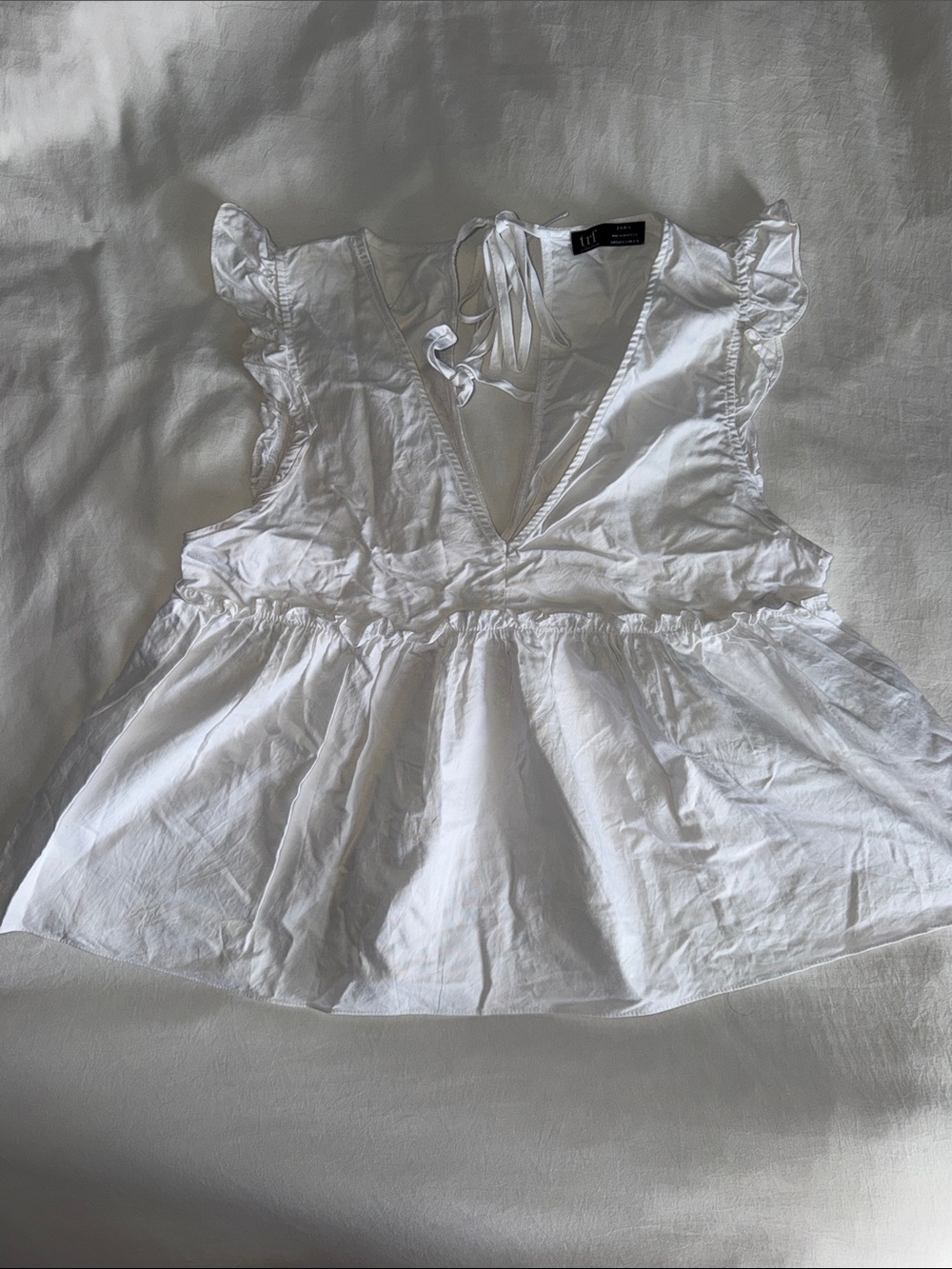 ZARA White Tie-Back Ruffle Peplum Top